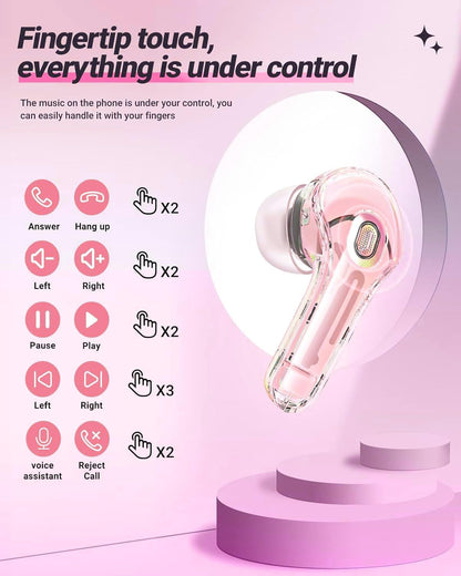 Wireless Earphones, Bluetooth 5.3 LED Digital Power Display Crystal with Microphone, Mini in-Ear Earbuds with Charging Case, Pink