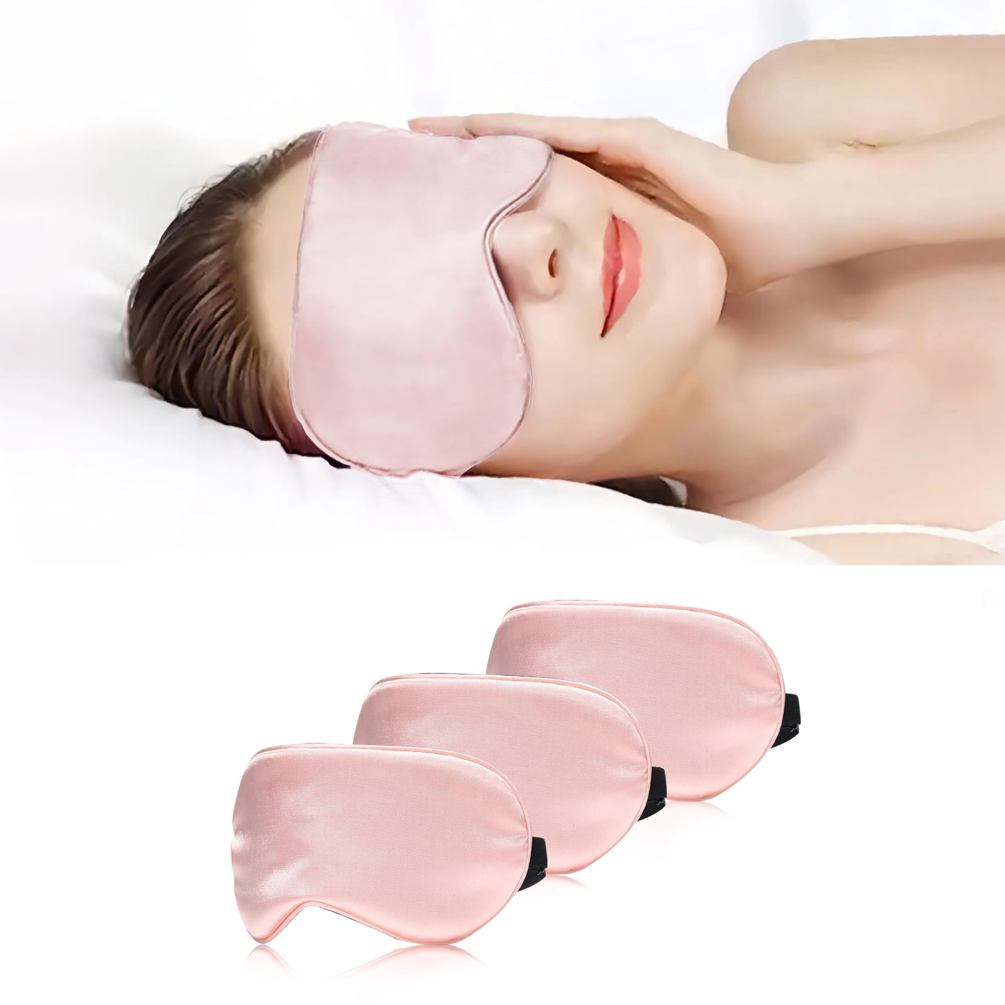 3 Packs 100% Real Natural Pure Silk Eye Mask with Adjustable Strap for Sleeping-Pink