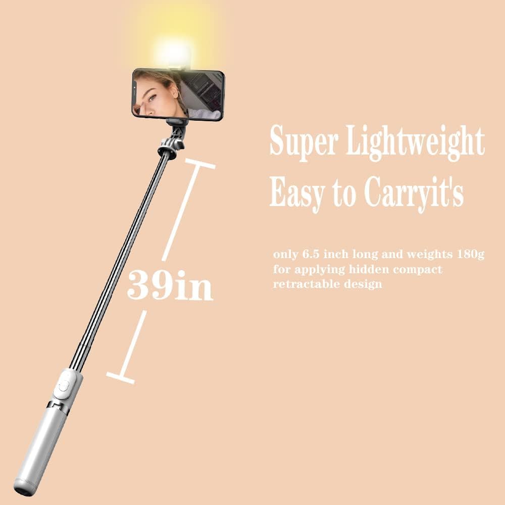 40" Selfie Stick Tripod with LED Fill Light & Remote Compatible with All Phone, White