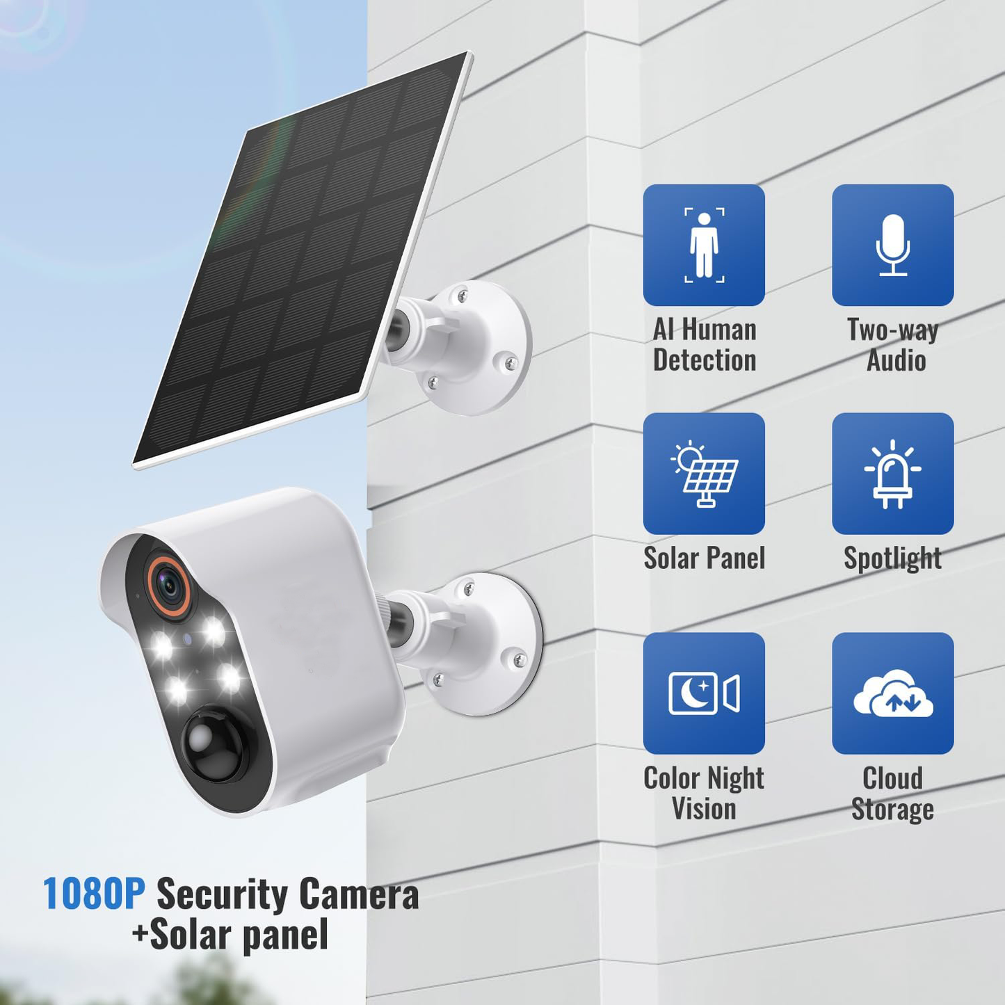 1080p Wireless Solar Security Camera with 4 Spotlights AI Human Detection for Indoor Outdoor