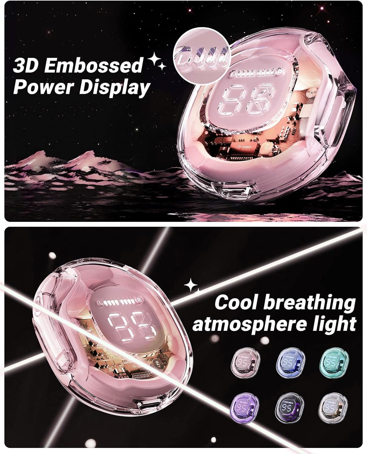 Wireless Earphones, Bluetooth 5.3 LED Digital Power Display Crystal with Microphone, Mini in-Ear Earbuds with Charging Case, Pink