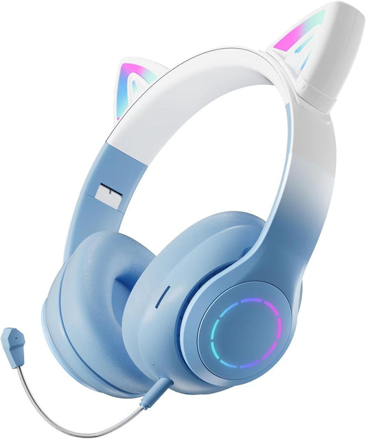 Cat Ear Wireless Bluetooth Headphone with Noise Canceling Microphone for Kids, Blue