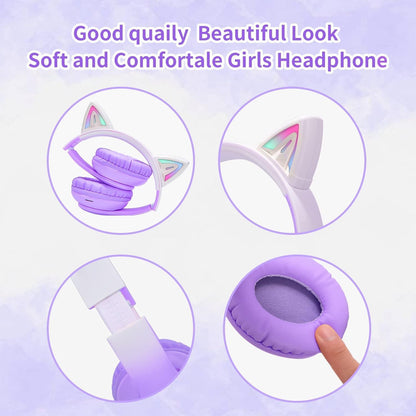 Cat Ear Wireless Bluetooth Headphone with Noise Canceling Microphone for Kids, Purple