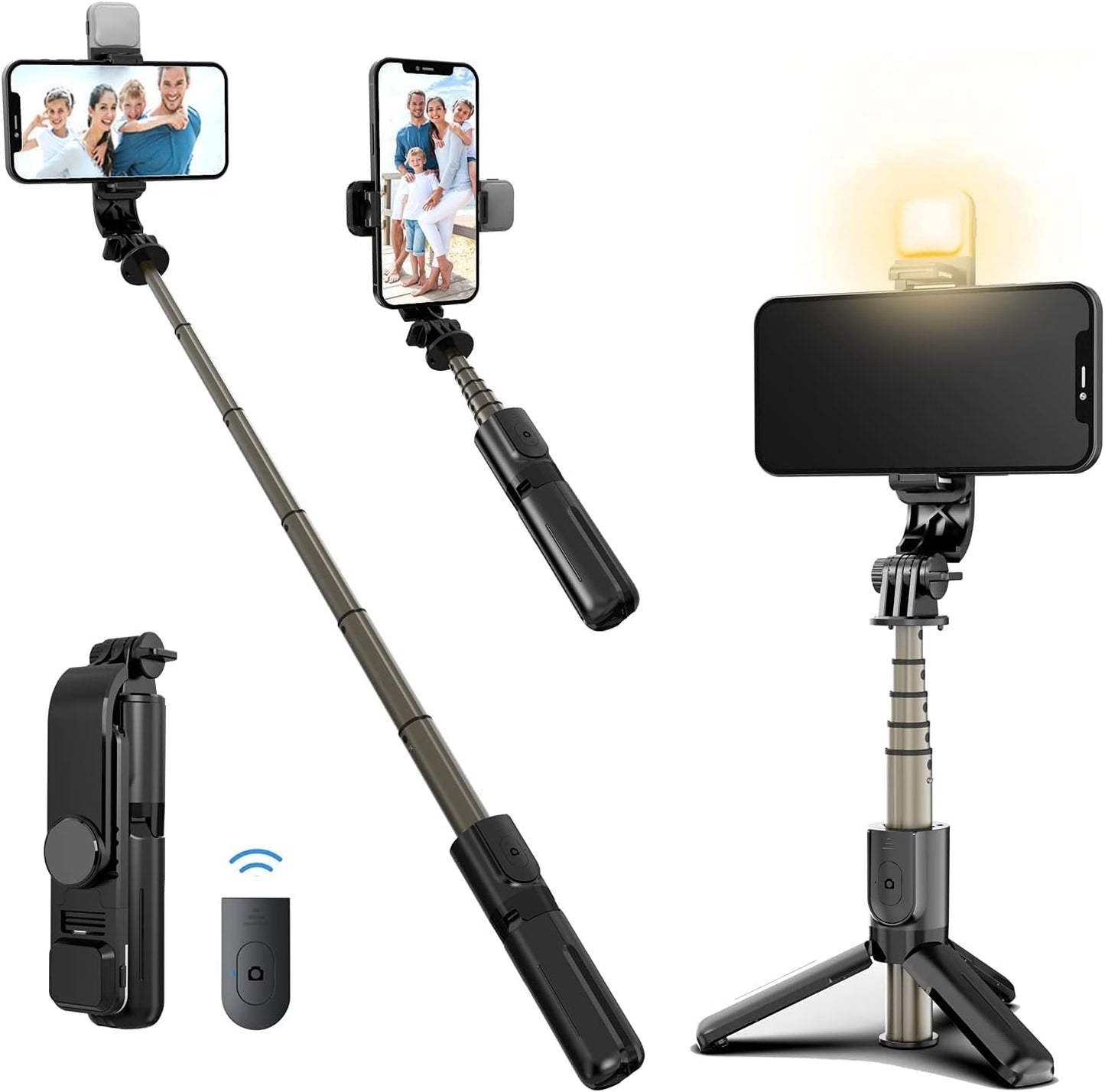 40" Selfie Stick Tripod with LED Fill Light & Remote Compatible with All Phone, Black