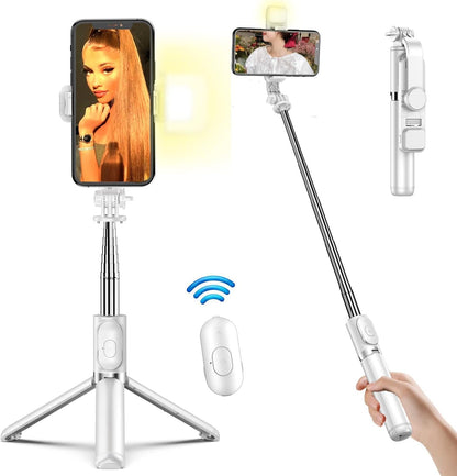 40" Selfie Stick Tripod with LED Fill Light & Remote Compatible with All Phone, White