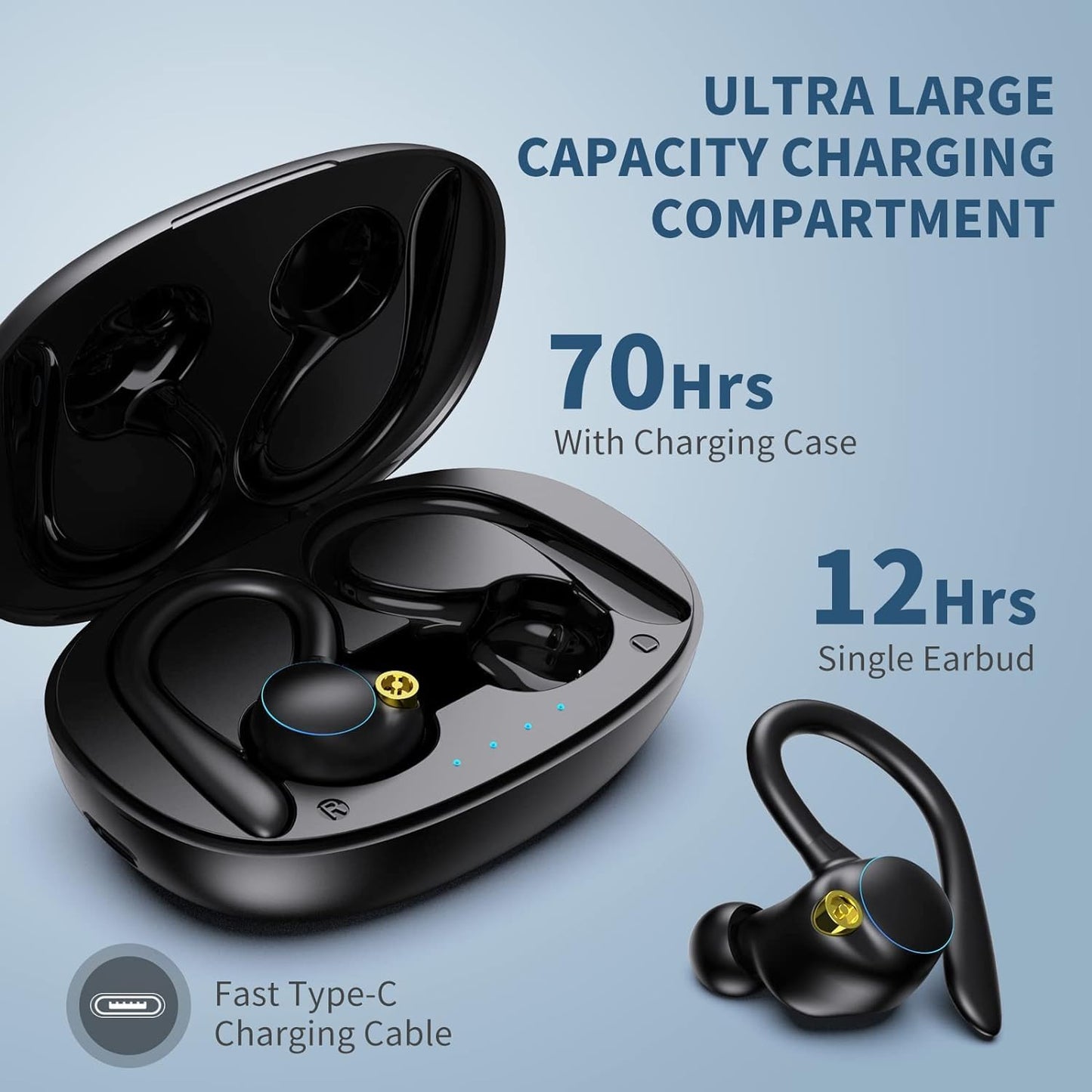 Bluetooth Wireless Earphones 5.3 Headphones 12H Music Playtime IPX7 Waterproof with 800mAh Touch Control Charging Case for Sport