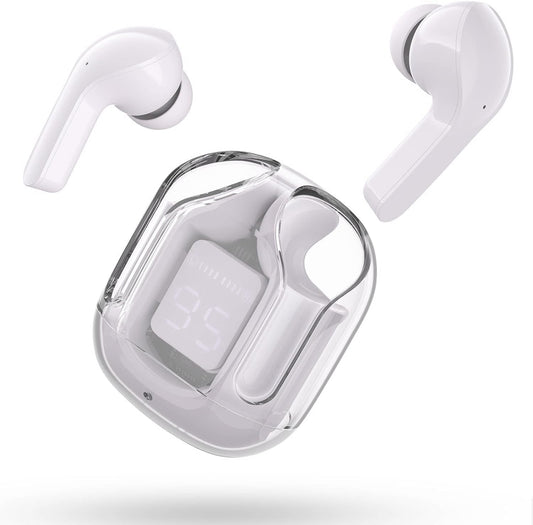 Wireless Earbuds,  HiFi Dual Stereo Microphone Mini in-Ear Earbuds with Charging Case and LED Digital Display, White,Circular shape