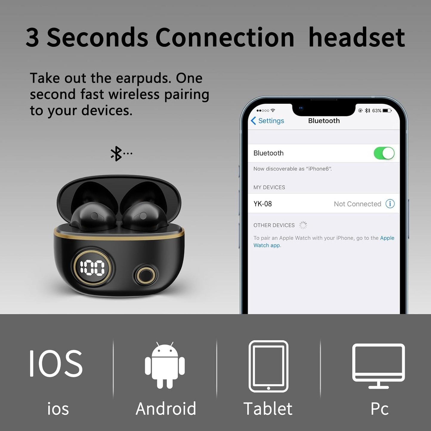 In-Ear Wireless Bluetooth Headphones with Round LCD Display for Smartphones for Smartphones