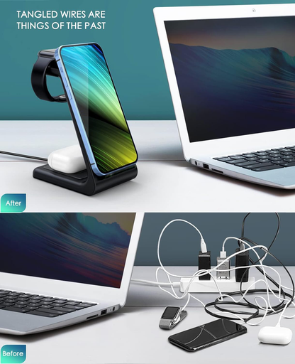 Wireless Charging Station, 3 in 1 Fast Desk Charging Station, Wireless Charger Stand for iPhone, iWatch,Airpods,IOS/Android