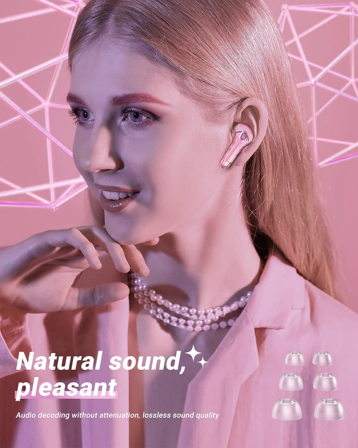 Wireless Earphones, Bluetooth 5.3 LED Digital Power Display Crystal with Microphone, Mini in-Ear Earbuds with Charging Case, Pink