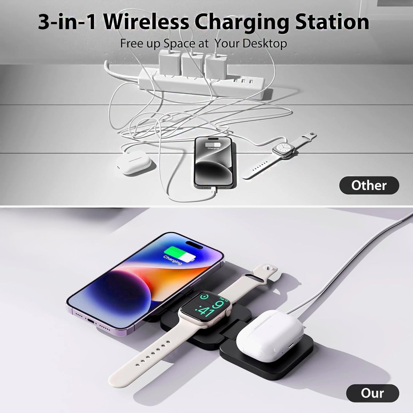 3 in 1 Fast Wireless Charger, Magnetic Foldable Charging Station for Phone, 5W Portable Charger for Watch, for iOS/Android