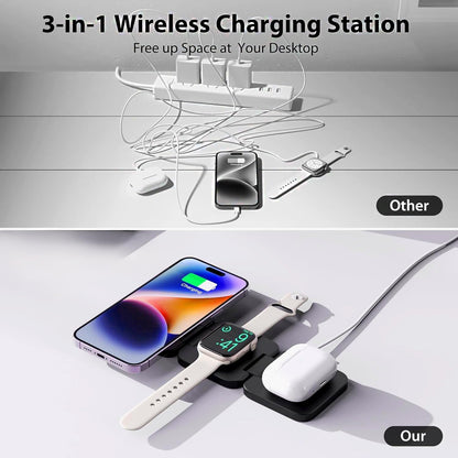 3 in 1 Fast Wireless Charger, Magnetic Foldable Charging Station for Phone, 5W Portable Charger for Watch, for iOS/Android