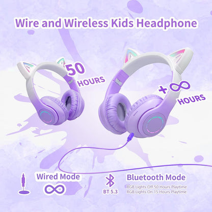 Cat Ear Wireless Bluetooth Headphone with Noise Canceling Microphone for Kids, Purple