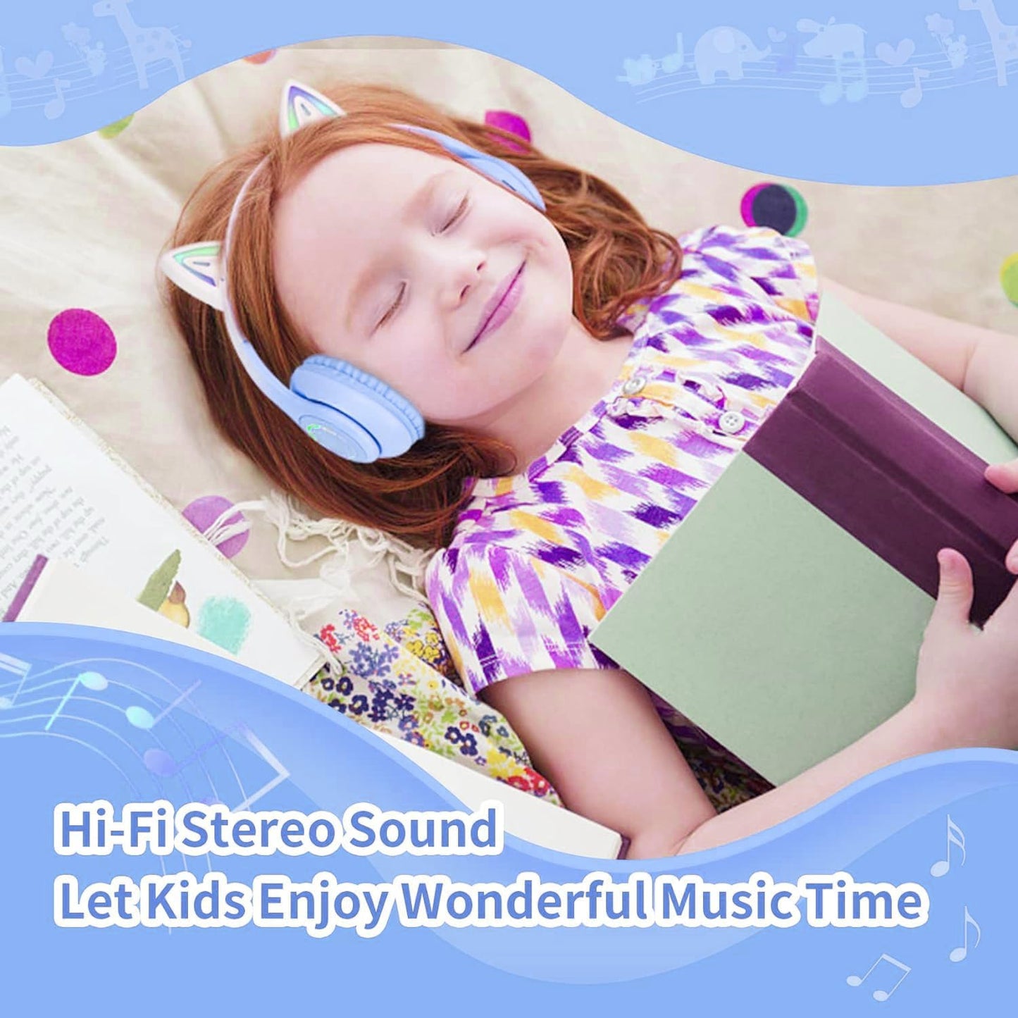 Cat Ear Wireless Bluetooth Headphone with Noise Canceling Microphone for Kids, Blue