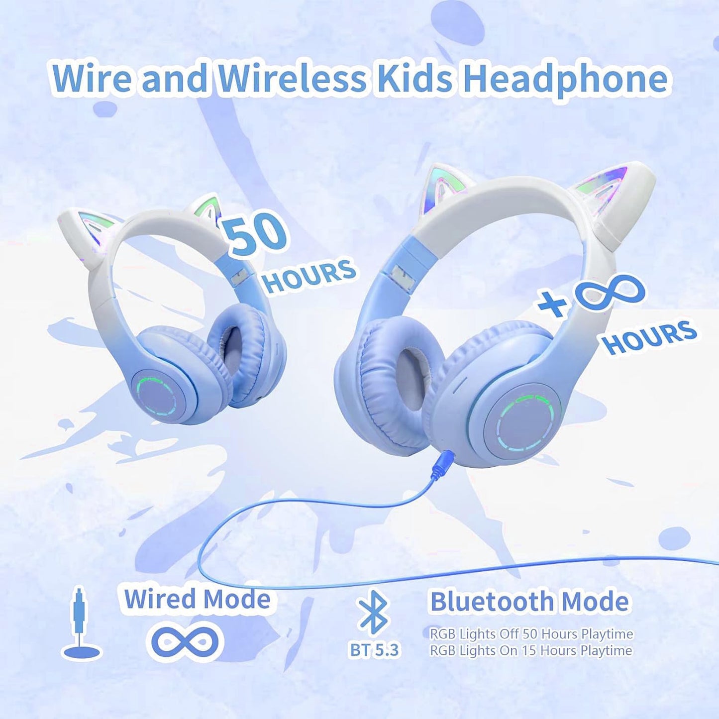 Cat Ear Wireless Bluetooth Headphone with Noise Canceling Microphone for Kids, Blue