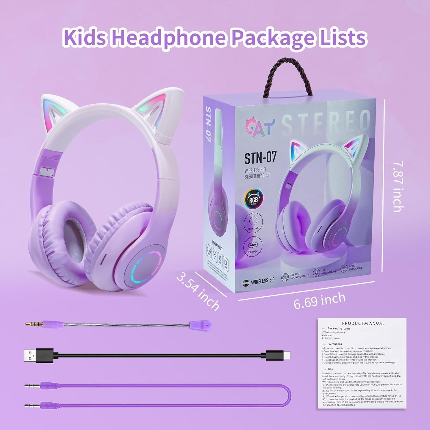 Cat Ear Wireless Bluetooth Headphone with Noise Canceling Microphone for Kids, Purple