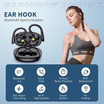 Bluetooth Wireless Earphones 5.3 Headphones 12H Music Playtime IPX7 Waterproof with 800mAh Touch Control Charging Case for Sport