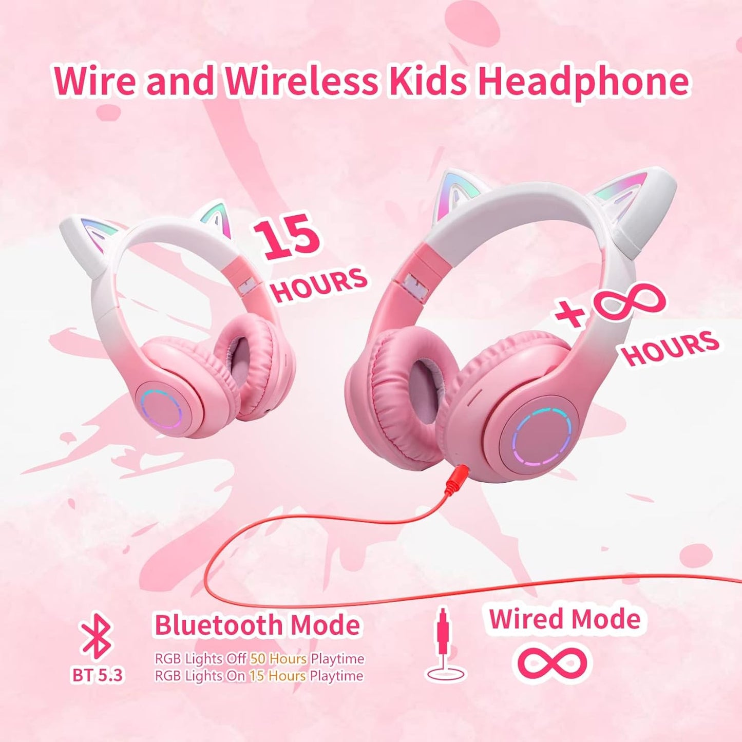 Cat Ear Wireless Bluetooth Headphone with Noise Canceling Microphone for Kids, Pink