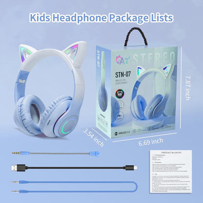 Cat Ear Wireless Bluetooth Headphone with Noise Canceling Microphone for Kids, Blue