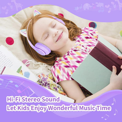 Cat Ear Wireless Bluetooth Headphone with Noise Canceling Microphone for Kids, Purple