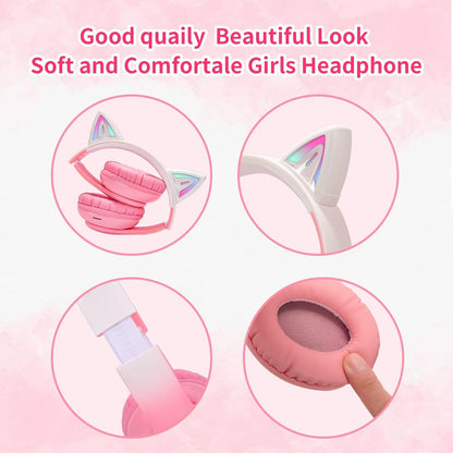 Cat Ear Wireless Bluetooth Headphone with Noise Canceling Microphone for Kids, Pink