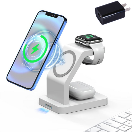 3 in 1 Magnetic Wireless Charger Stand for Multiple Device, iPhone & iWatch Series Compatible with Magsafe Case- White