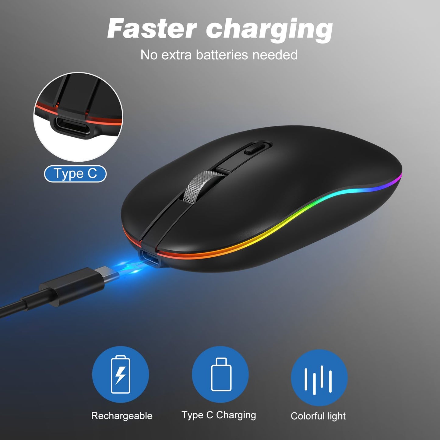 Wireless Mouse with Type-C Charging Port, 2.4G Rechargeable Slim Silent Mouse with USB & Type-c Receiver, 3 Adjustable DPI for Laptop