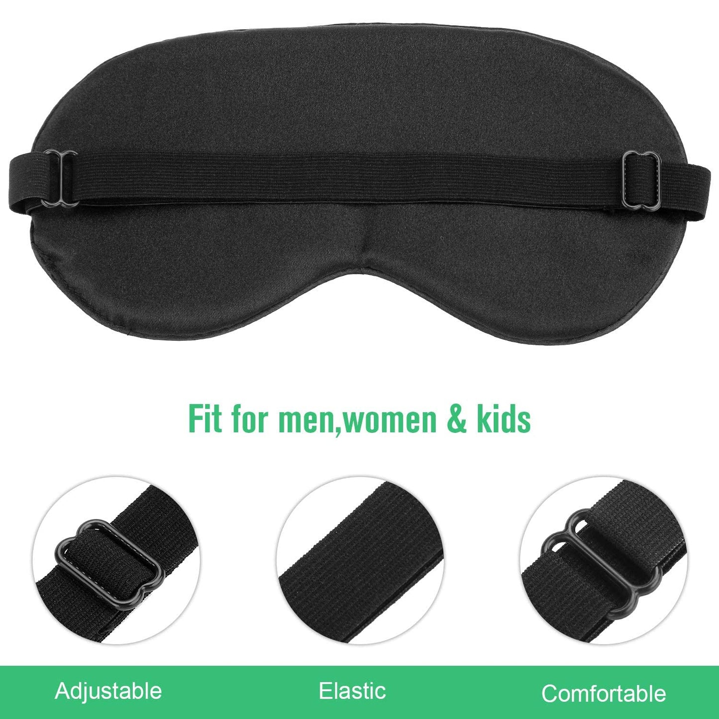 2 Packs 100% Real Natural Pure Silk Eye Mask with Adjustable Strap for Sleeping-Black