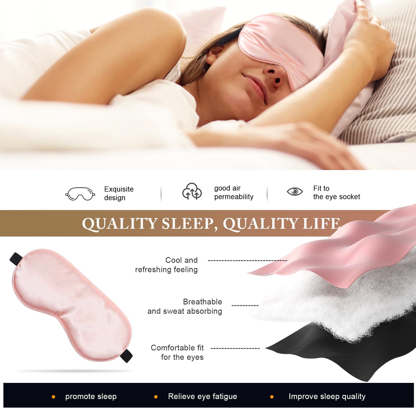 2 Packs 100% Real Natural Pure Silk Eye Mask with Adjustable Strap for Sleeping-Pink