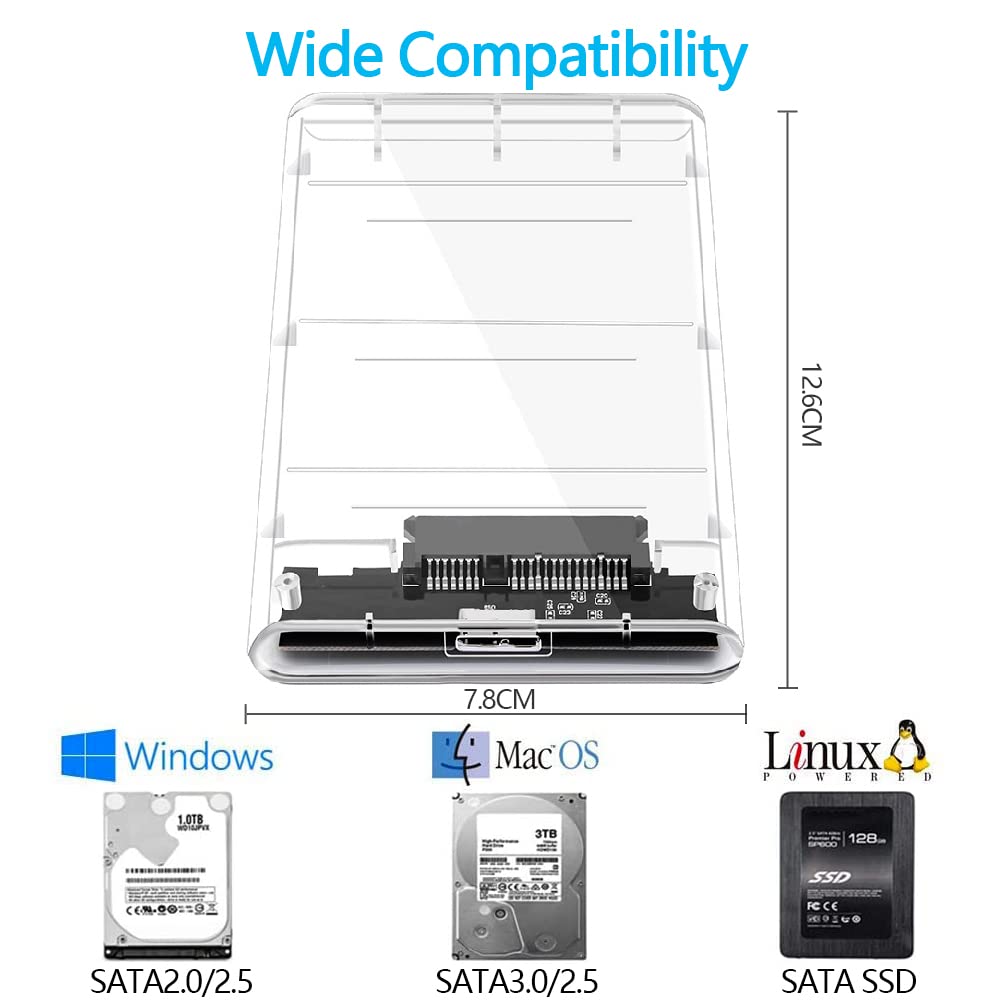 2.5 Hard Drive Enclosure, SATA 3.0 to USB3.0 for 2.5 Inch SSD & HDD External Hard Drive Enclosure Support Max 6TB, Tool Free External Hard Drive Case for 7mm/9.5mm 2.5 SSD HDD,UASP Supported